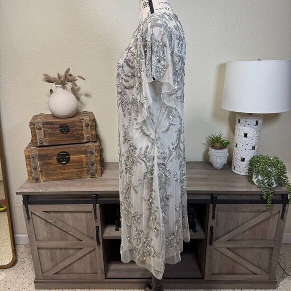 Johnny Was Silver Sequin Cocktail Mini Formal Dress Size 12 Flutter Sleeve Glitz - Picture 5 of 13